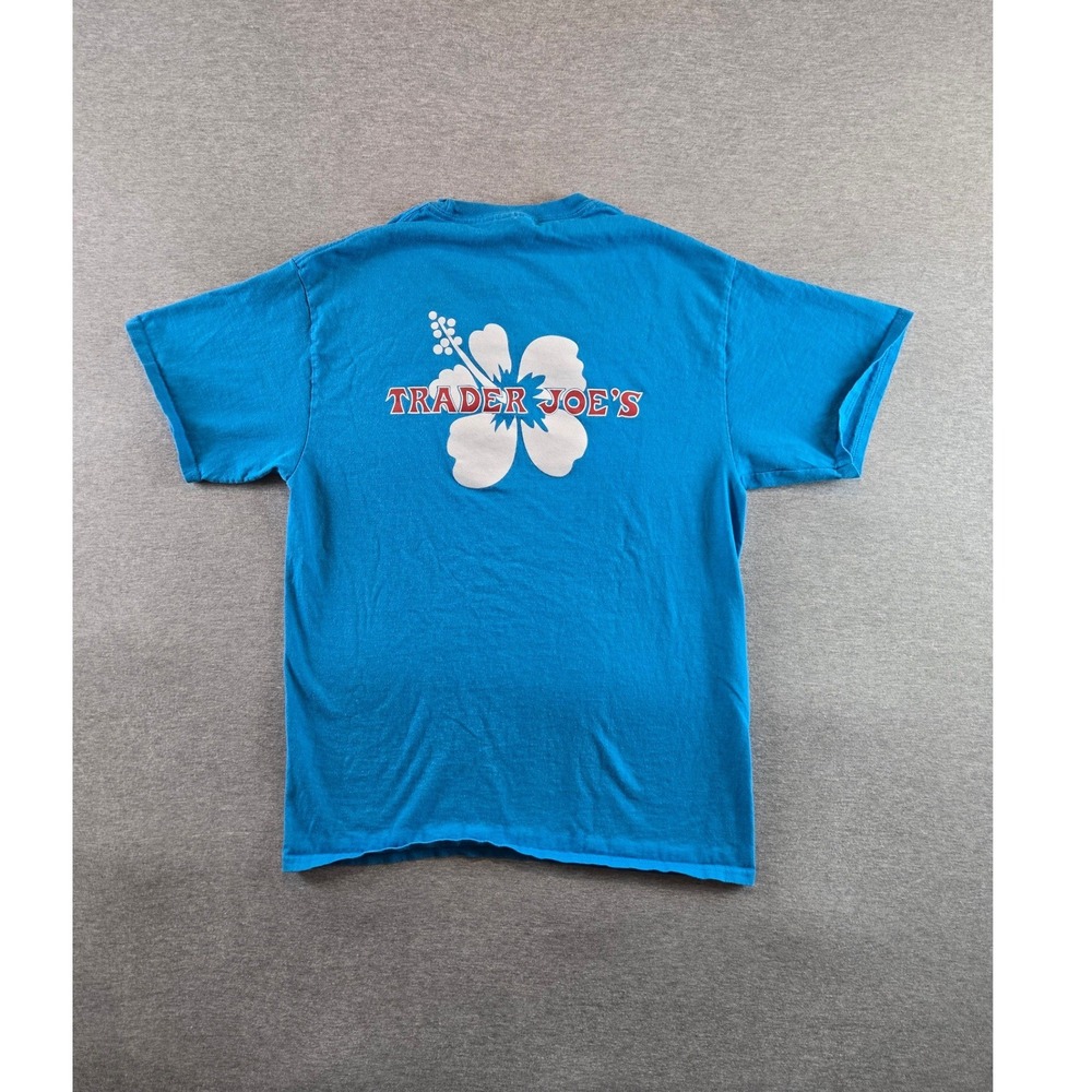 Trader Joe's T Shirt Men's Medium Blue Short Sleeve Crewneck Floral 100% Cotton‎